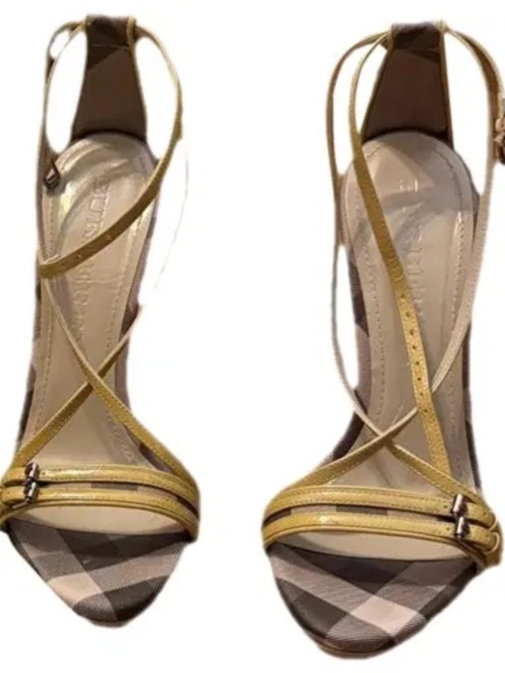 Burberry Beige Tan Check Slingback Sandals with Yellow Straps